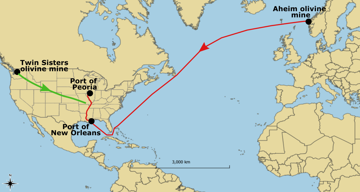 Map showing shipping routes of olivine from Aheim mine, Norway to New Orleans for Eion's Twinterstellar project in southern U.S., and on to midwest projects via barge on Mississippi and Illinois Rivers. Also shown is general path of rail transportation from Twin Sisters olivine mine in Washington state to Mississippi.
